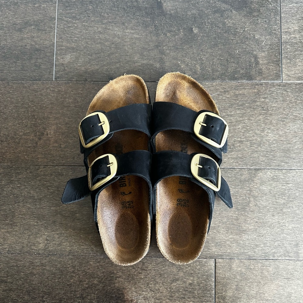 Birkenstock Big Buckle sandals in black nubuck/gold hardware EU38 NARROW